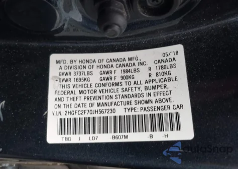 2018 Honda Civic Ex from USA, damaged, VIN 2HGFC2F70JH567230